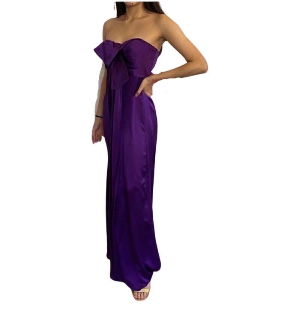Nicole Miller Collection Purple Silk Strapless Bow Gown Maxi Dress